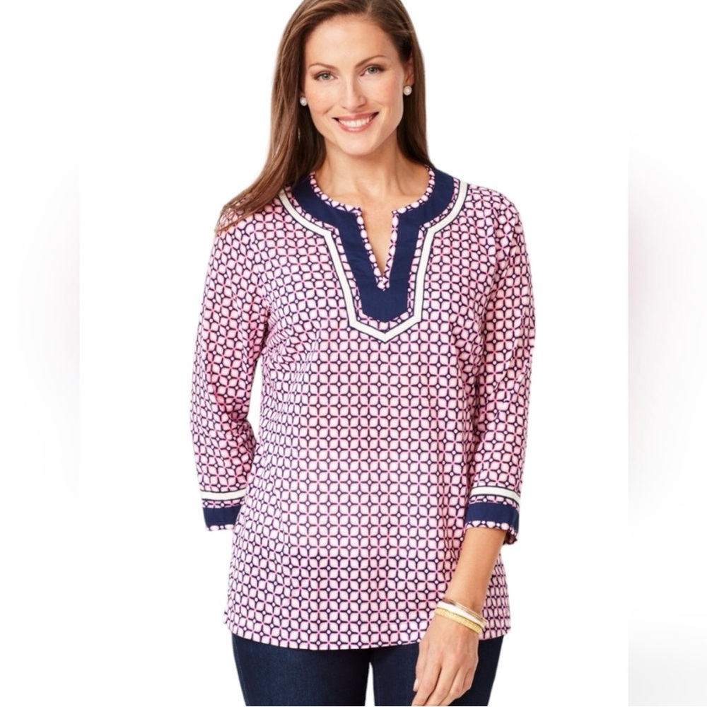 Talbots Grosgrain Trim Geo Print Cotton Tunic Top  Size 2X
